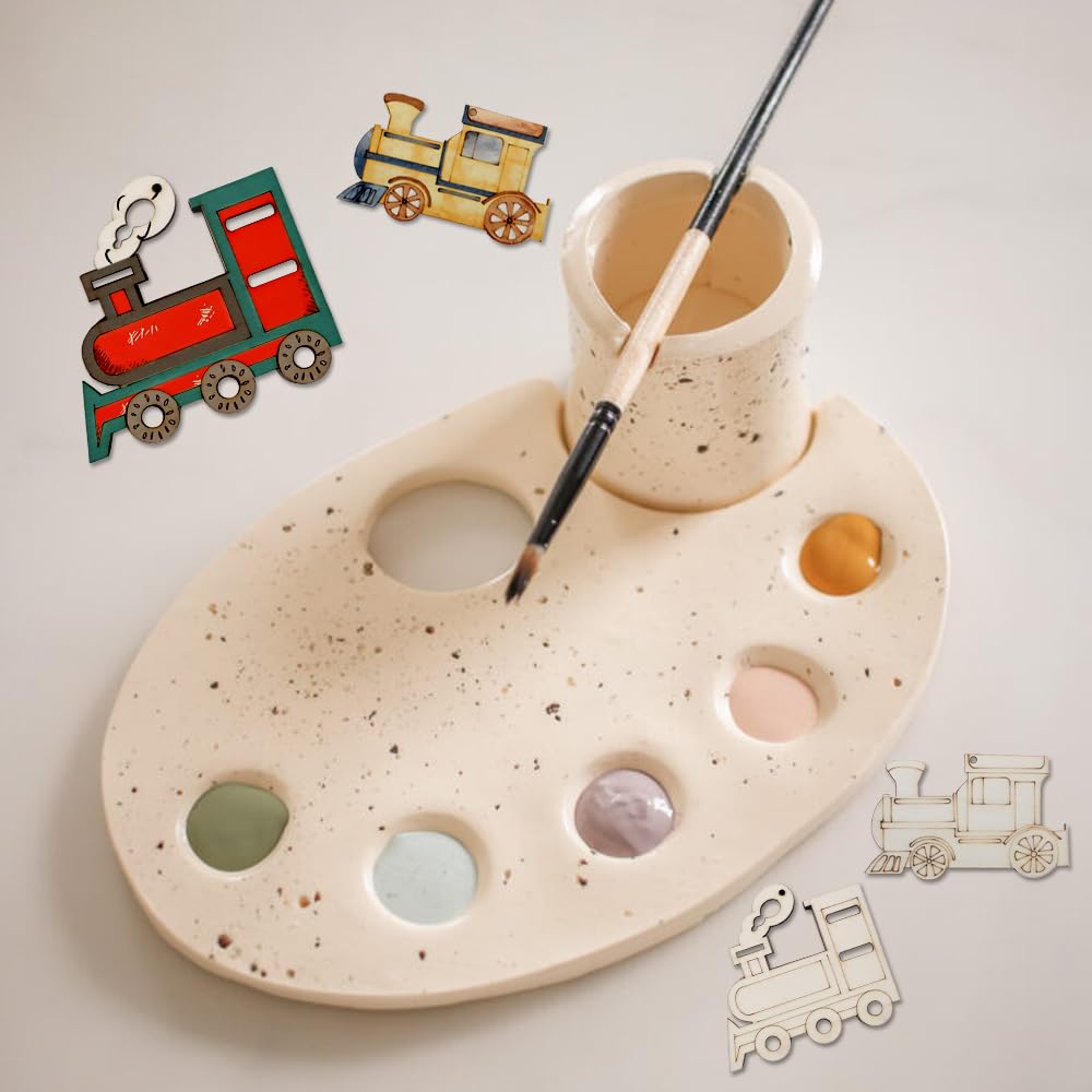 40-Pack 4 Inch Unfinished Wood Train Cutout for Crafts, Paintable Train Shape Wooden Slices Predrilled DIY Train Ornaments for Birthday Decoration Holiday Party Hanging Decor