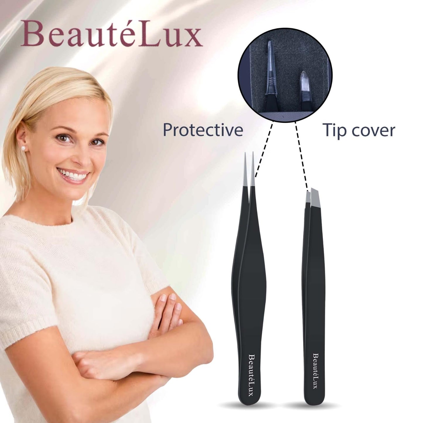 BeautéLux Precision Tweezer Set – Slant & Pointed Tip Stainless Steel Eyebrow Tweezers with Leather Pouch, Professional Hair Removal for Ingrown Hair, Chin, Splinter & Blackhead