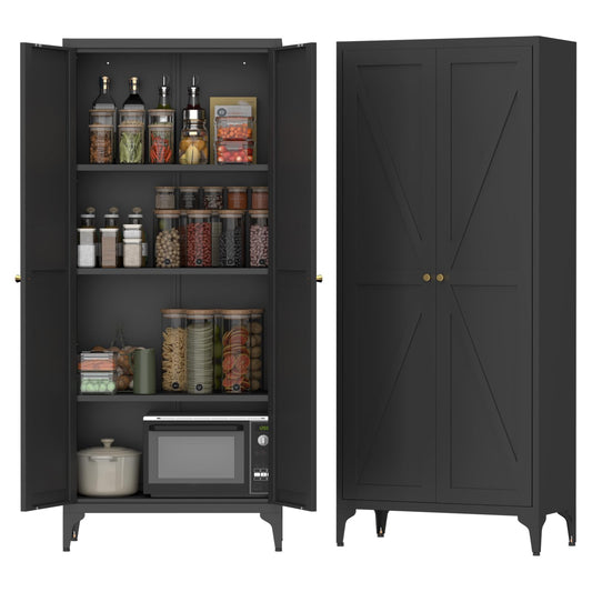 FATIGOS 65" H Kitchen Pantry Storage Cabinet, Black Metal Storage Cabinets with 2 Doors and Adjustable Shelves, Kitchen Storage Cabinet, Cupboard for Dining Room, Living Room and Bathroom