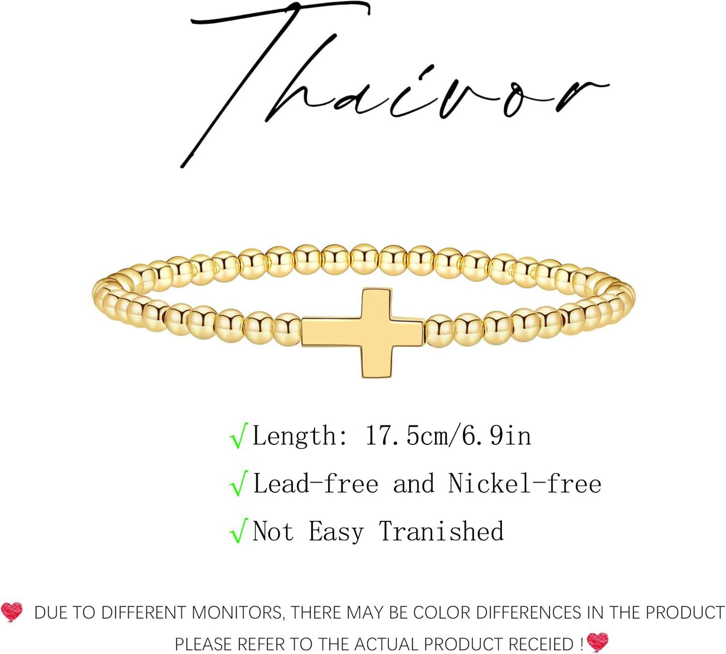 Beaded Bracelets for Women 14K Silver Gold Plated Stretch Handmade Ball Bracelets Cute Charm Bracelet Dainty Stackable Cross Heart Bow Wave CZ Circle Trendy Jewelry Easter Gifts (cross)