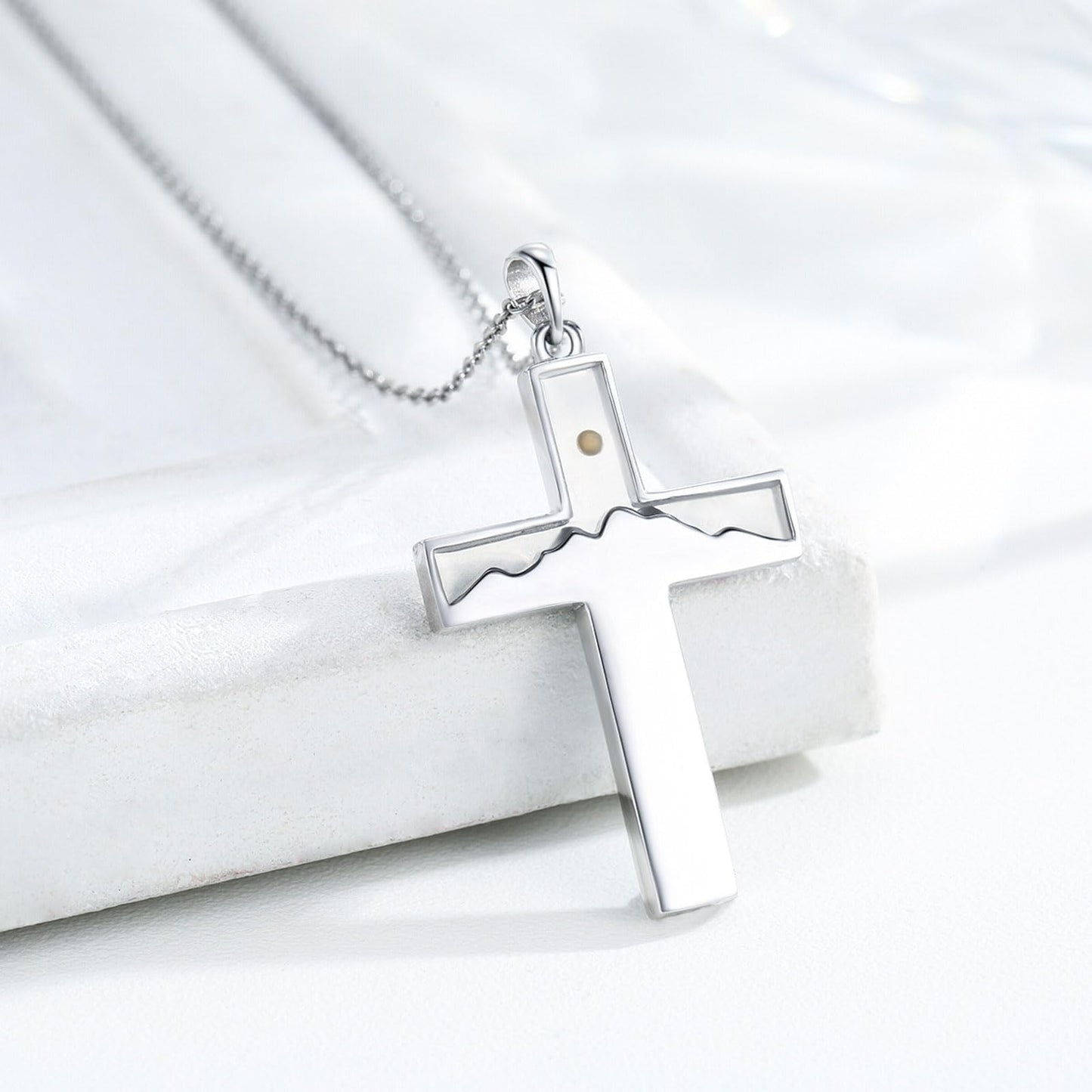 Suiknsn Mustard Seed Necklace 925 Sterling Silver Abalone Mountain Necklace Faith Cross Pendant Christian Jewelry Hiking Gifts for Women Mom