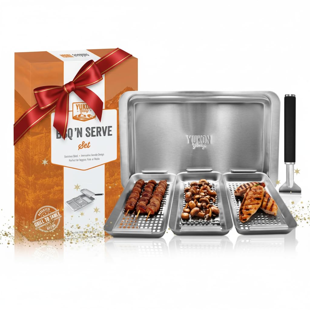 Yukon Glory BBQ Vegetable Grill Basket Set, Stainless Steel, 3 Baskets with Drip Tray & Removable Handle for Fish, Shrimp & Veggies