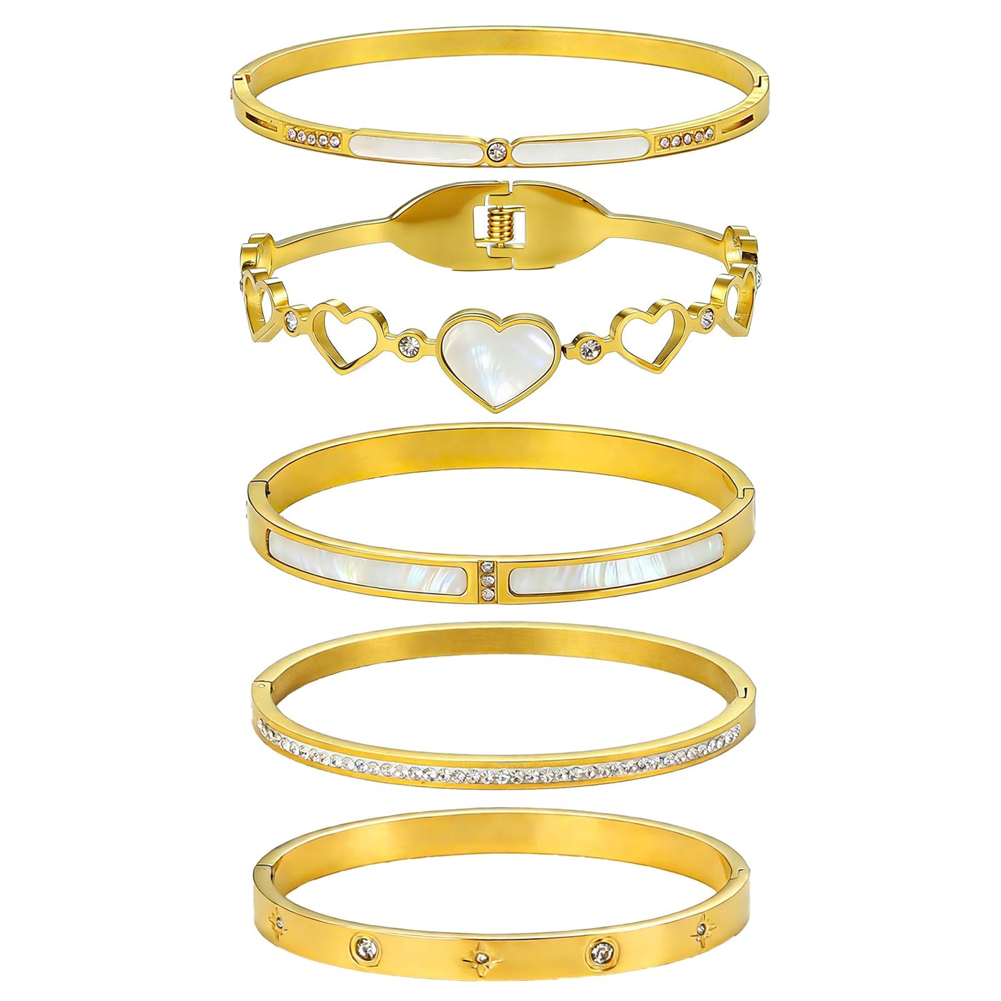 ZhiRui Women's 18K Gold Plated Stackable Bangle Bracelet Set - Waterproof Mother of Pearl Heart Cubic Zirconia Jewelry - Perfect for Valentine's Day & Thoughtful Gifts for Women
