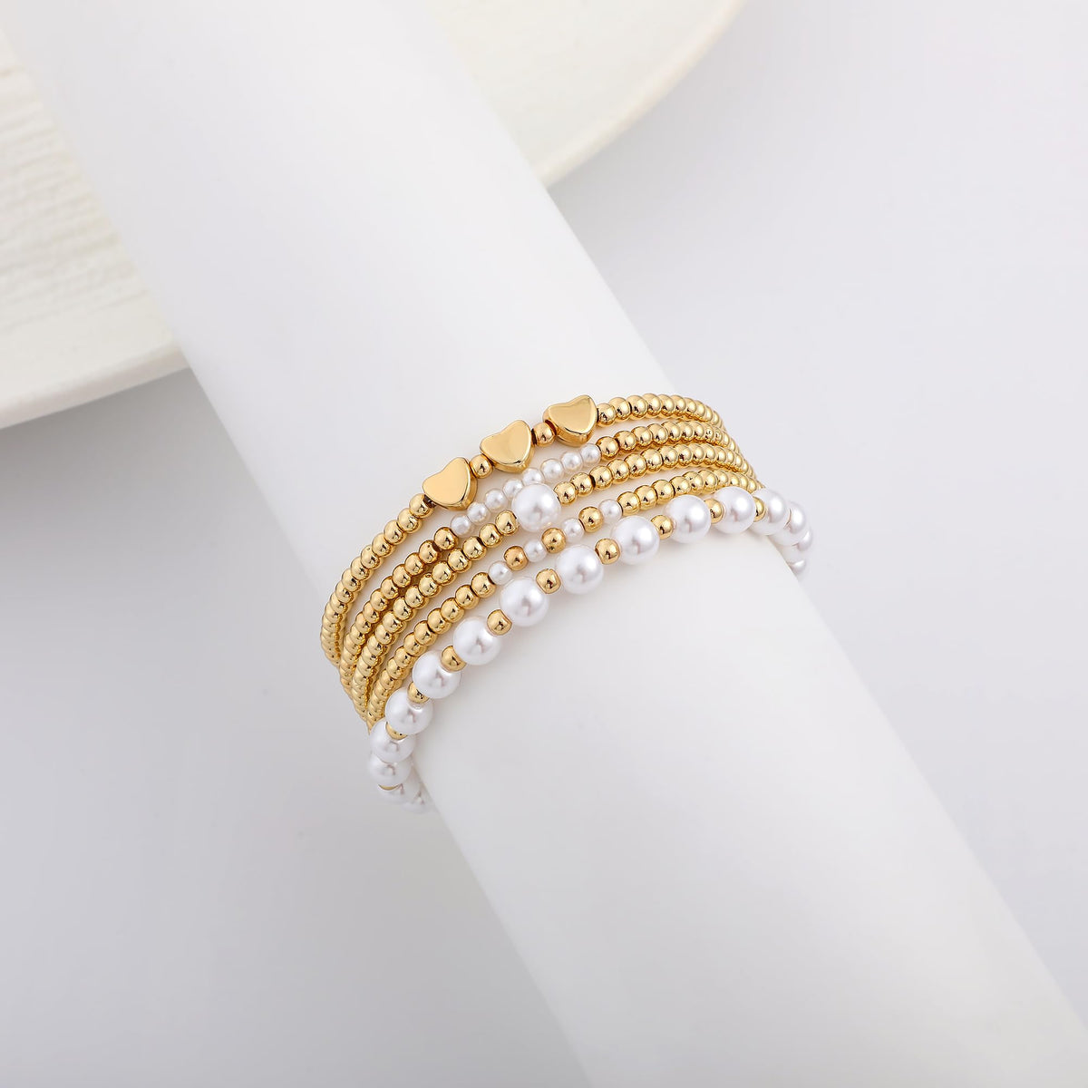 Sajidos Gold Plated Beaded Bracelets for Women Trendy, 14K Gold Plated Stack Cross Pearl Gold Plated Bead Stretch Bracelets Set Elastic Hypoallergenic Bracelets Jewelry Gifts (style11-heart)