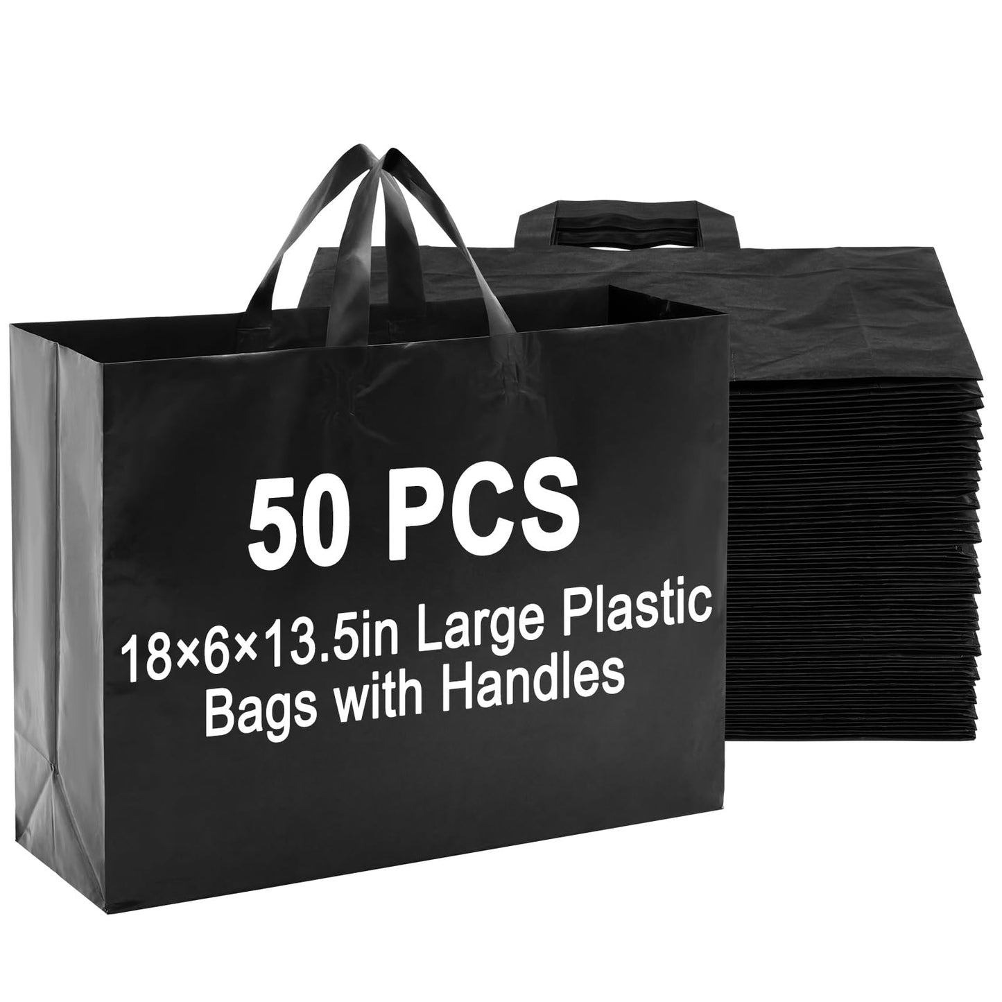 Klyyo Clyro 50 Pack 18 × 6 × 13.5 Inch Frosted Plastic Gift Bags with Handle Large Reusable Frosted Plastic Shopping Bags for Small Business, Boutiques, Retail, Wedding Party Favors (Black)