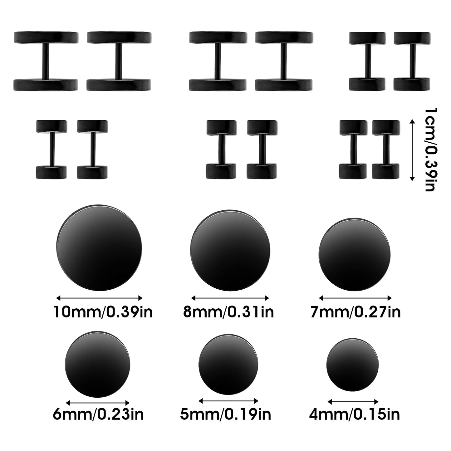 6 Pairs Flat Back Earrings, Black Earrings for Men Women Fake Plugs Faux Gauges Plugs Earring Stainless Steel Stud Earrings (4-10mm)