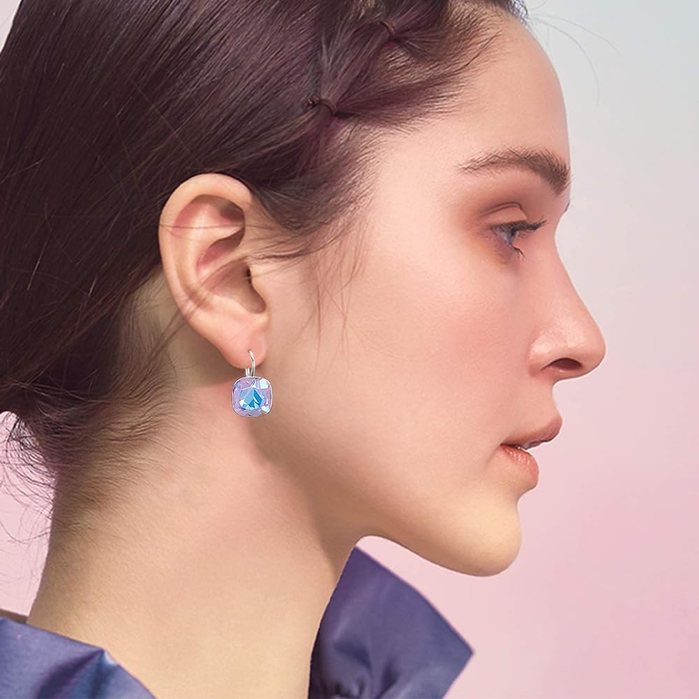 AOBOCO Sterling Silver Leverback Earrings Embellished with Crystals from Austria, Hypoallergenic Cushion Cut Square Crystal Earrings, Fine Anniversary Birthday Jewelry Gifts for Women (Fantasy Blue Purle-10mm)
