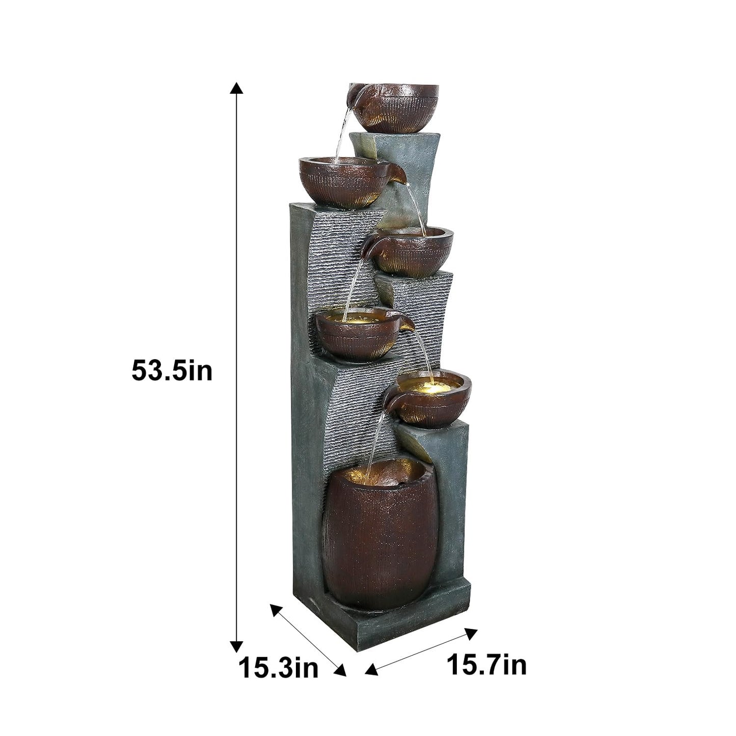 BBabe 53.5in High Outdoor Indoor Water Fountain, 6-Tiered Poly-Resin Waterfall Fountain with LED Lights, Decorative Floor Standing Fountain for Garden, Patio, Yard, Home Decor