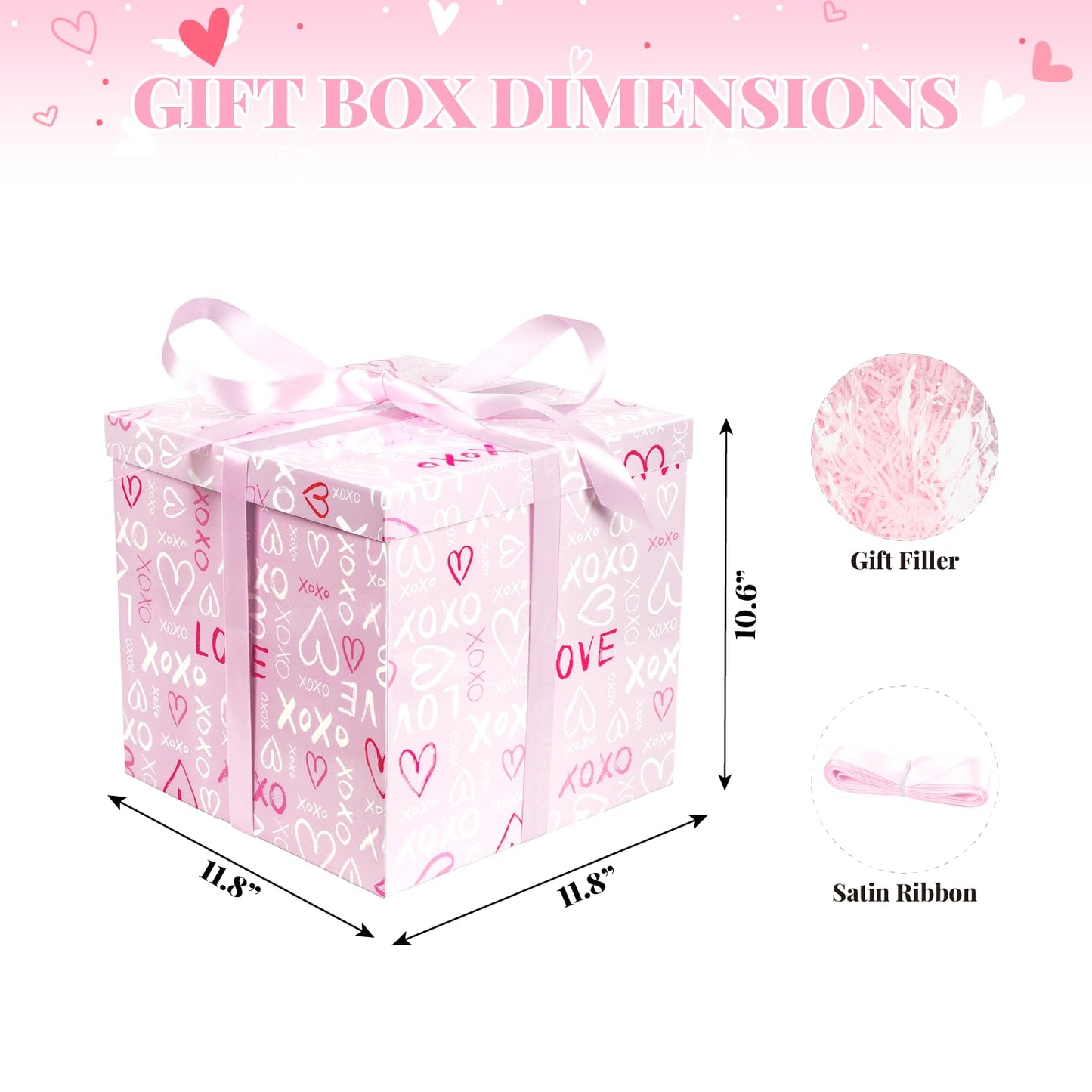 Lyforpyton Large Pink Valentine's Day Gift Box with Lids, Ribbons and Shredded Paper Fill，Suitable for Anniversaries and Valentine's Day, Wedding, Birthday, Party ，11.8" x11.8"x10.6"