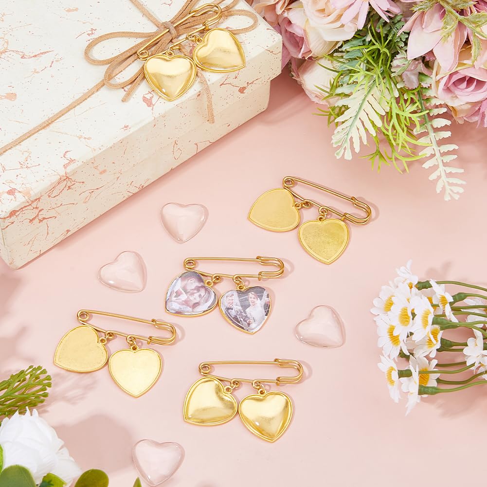 SUPERFINDINGS 5 Set Wedding Bouquet Photo Charm Gold Bridal Brooches Pins DIY Pin Brooch Making Kit Alloy Double Heart Style Pendant Memorial Photo Charm for Women Wedding Memory Bridal Jewelry Gift