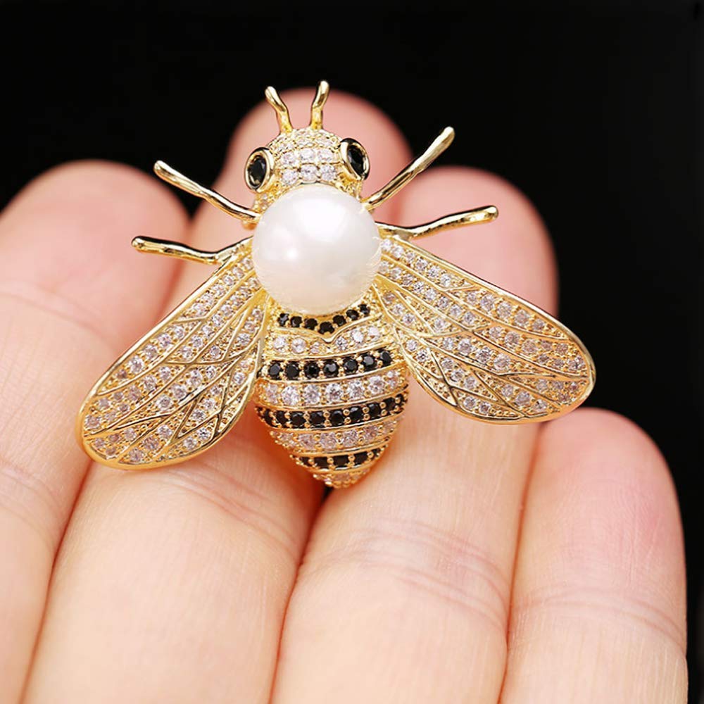 Honey Bee Brooches Crystal Insect Themed Bee Brooch Animal Fashion Shell Pearl Brooch Pin 14K Gold Plated (white pearl)