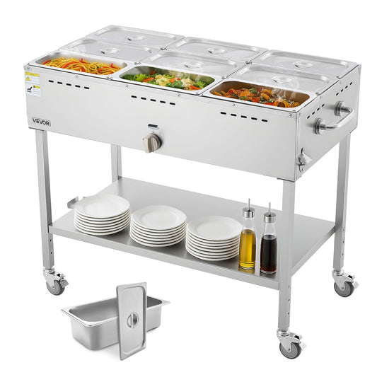 VEVOR 9-Pan Commercial Propane Steam Table, LP Gas Outdoor Soup Warmer with Drain Valve and 3" Wheels, Stainless Steel Propane Food Warmer with Adjustable Temperature, for Restaurant Outdoor Camping