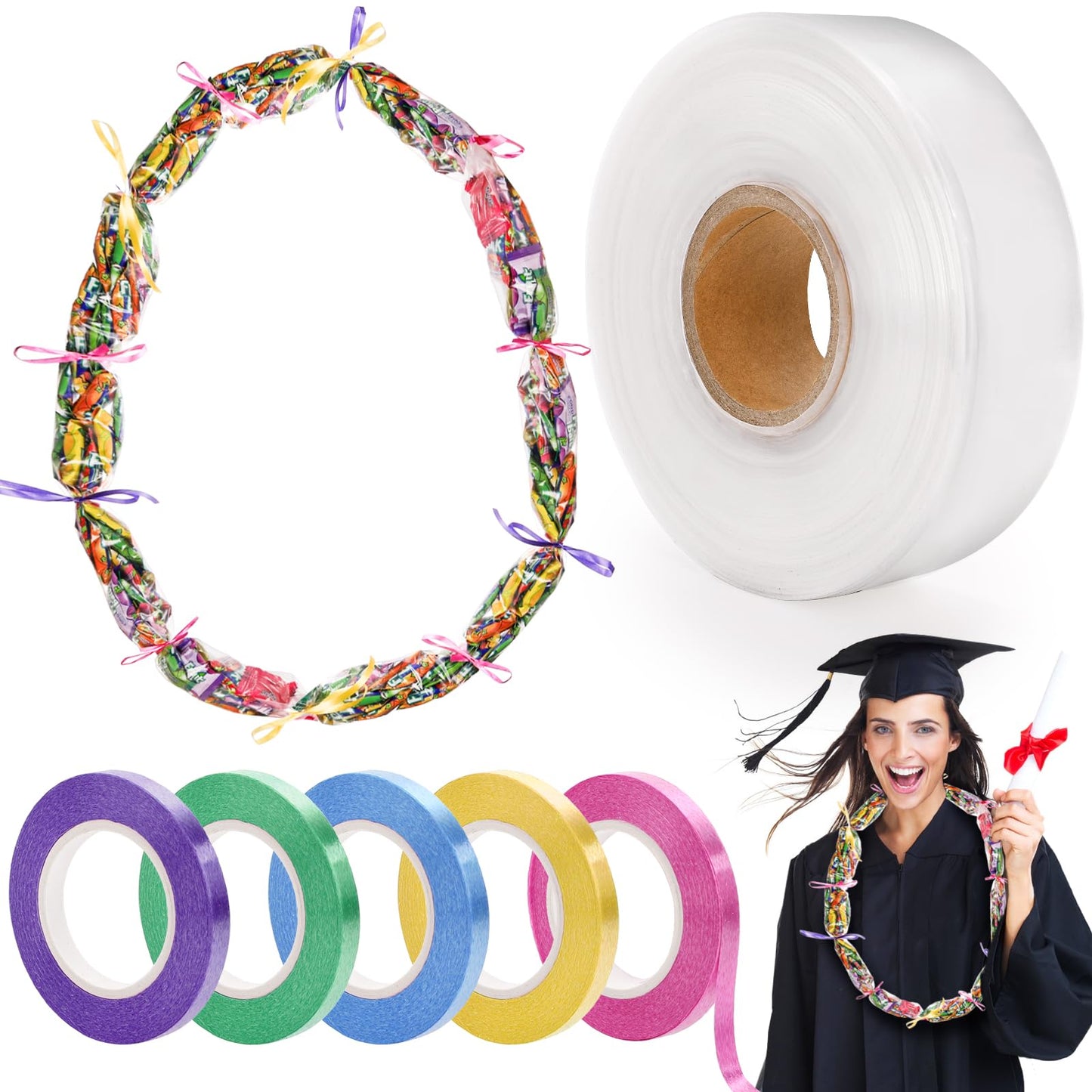 Lawei 2 Inch x 984 Ft Candy Lei Poly Tubing, Plastic Graduation Lei Bags with Ribbons, 4 Mil Clear Poly Bag Tubing Making Kit for Packing Snacks and Small Play, DIY Graduation Wreaths, Party Supplies