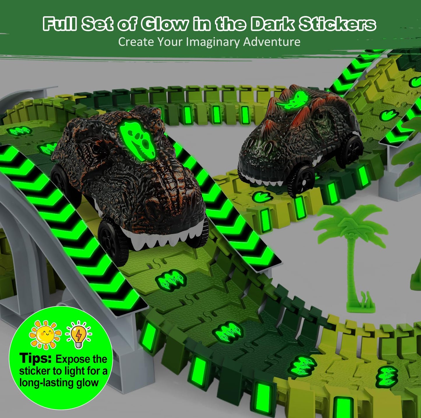 Dinosaur Toys for Kids 3-5, Glow in The Dark Flexible Train Track Playset, 2 Dinosaur Car for 3 4 5 6 7 Year & Up Old Boys & Girls Best Gift