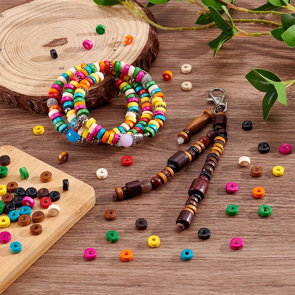 PH PandaHall 2000pcs 10 Colors Wood Beads, 8x3mm Wooden Beads Flat Loose Spacer Bead Rondelle Colorful Wooden Bead with 2.5mm Hole for Bracelets Necklaces Keychains Jewelry Making DIY Crafting