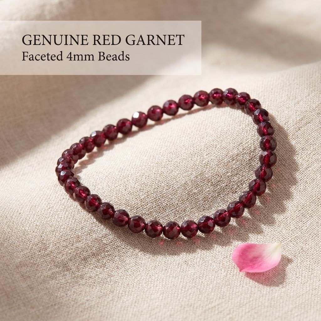 Angelstones Natural Red Garnet Gemstone Stretch Bracelet, 4mm Faceted Round Beads, Crystal Healing for Women