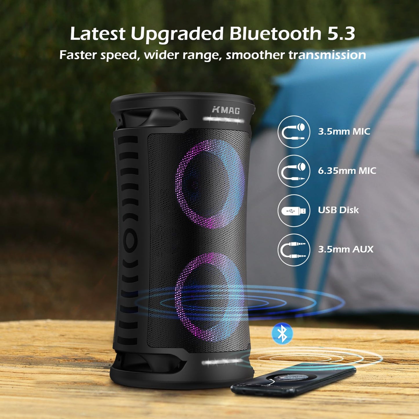 Large Party Bluetooth Speaker, 260W Peak Powerful Loud Sound with Deep Bass, 15Hr Playtime, Fast Charge, RGB Cool Light Show, TWS, Portable for Outdoor Beach, Camping, Backyard, Work, Home (Black)