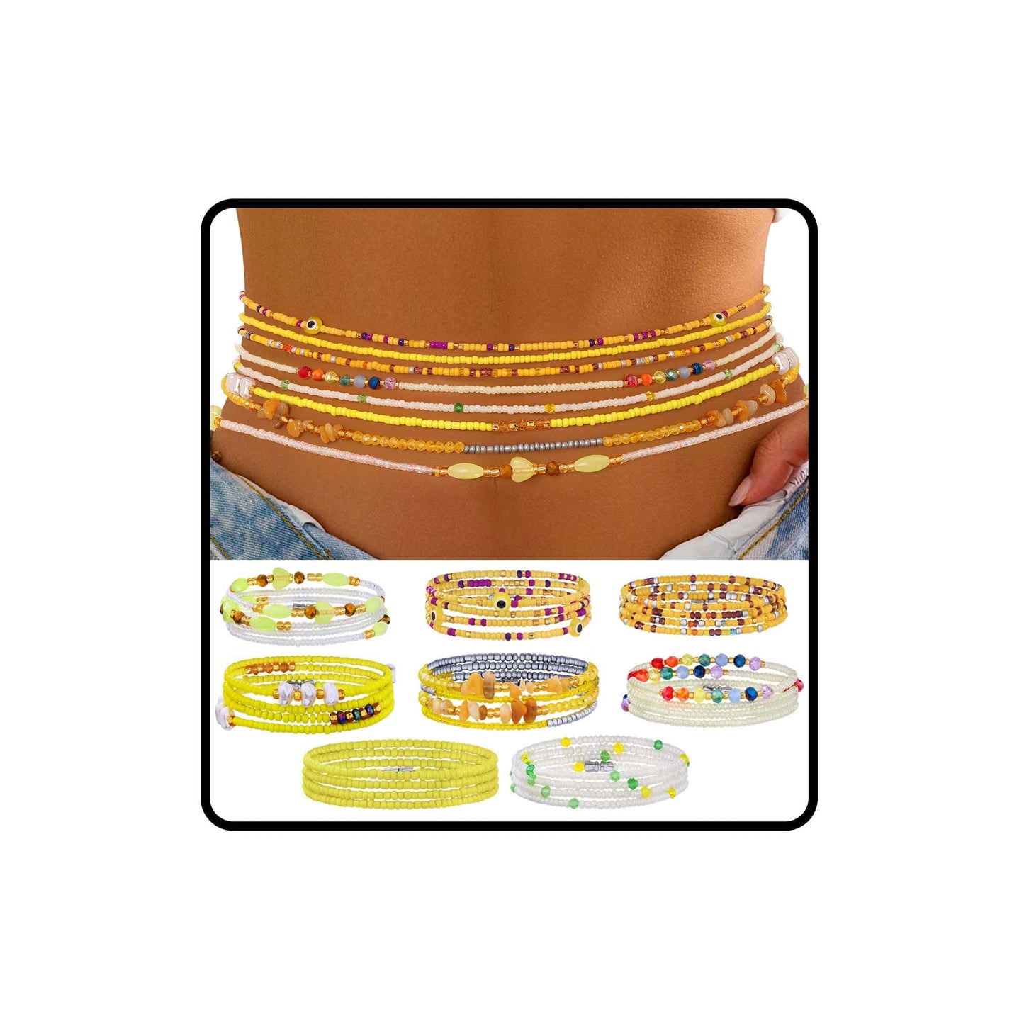 ELABEST Adjustable Handmade Waist Beads Stretchy 23-52 inch 8Pcs Chakra Body Belly Beaded Women Waist, Anklet, Bracelet, Necklace Jewelry with Screw clasp (Yellow, 39.3inch/100cm)
