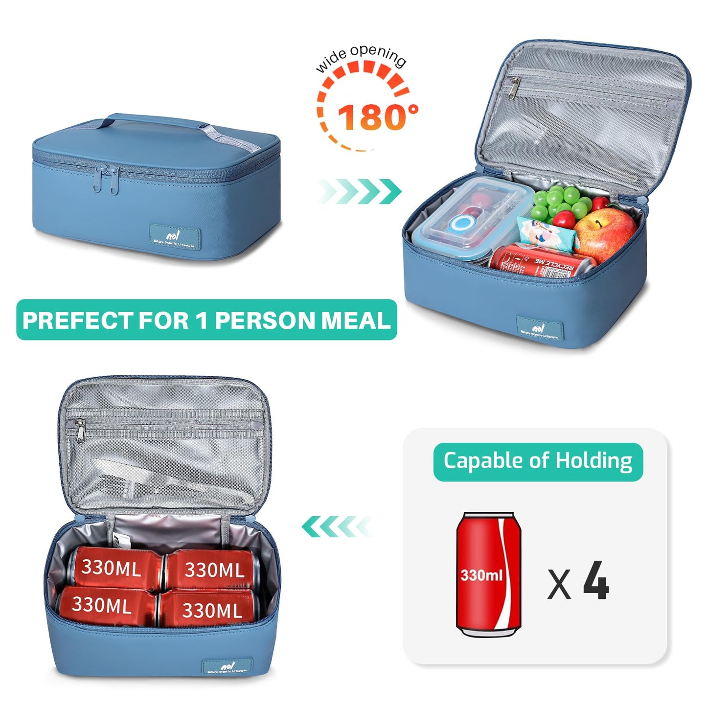 NOL Natural Organic Lifestyle Insulated Lunch Bag for Adults –Compact Cooler Lunch Box with Food-Grade Lining, Waterproof Lunch Bag for Work, Travel | Portable Thermal Meal Tote with Handle,Dusty blue