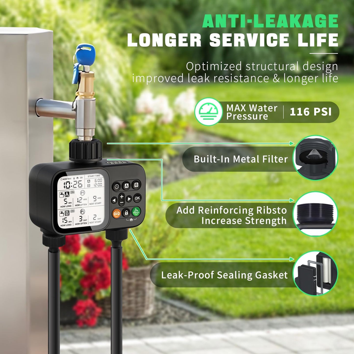 Sprinkler Timer for Garden Hose, 2 Zone Water Timer with with Auto Rain Delay, IP54 Waterproof 3.3“ Large LCD Drip Irrigation System Timers for Plant, Yard, Lawns, Outdoor