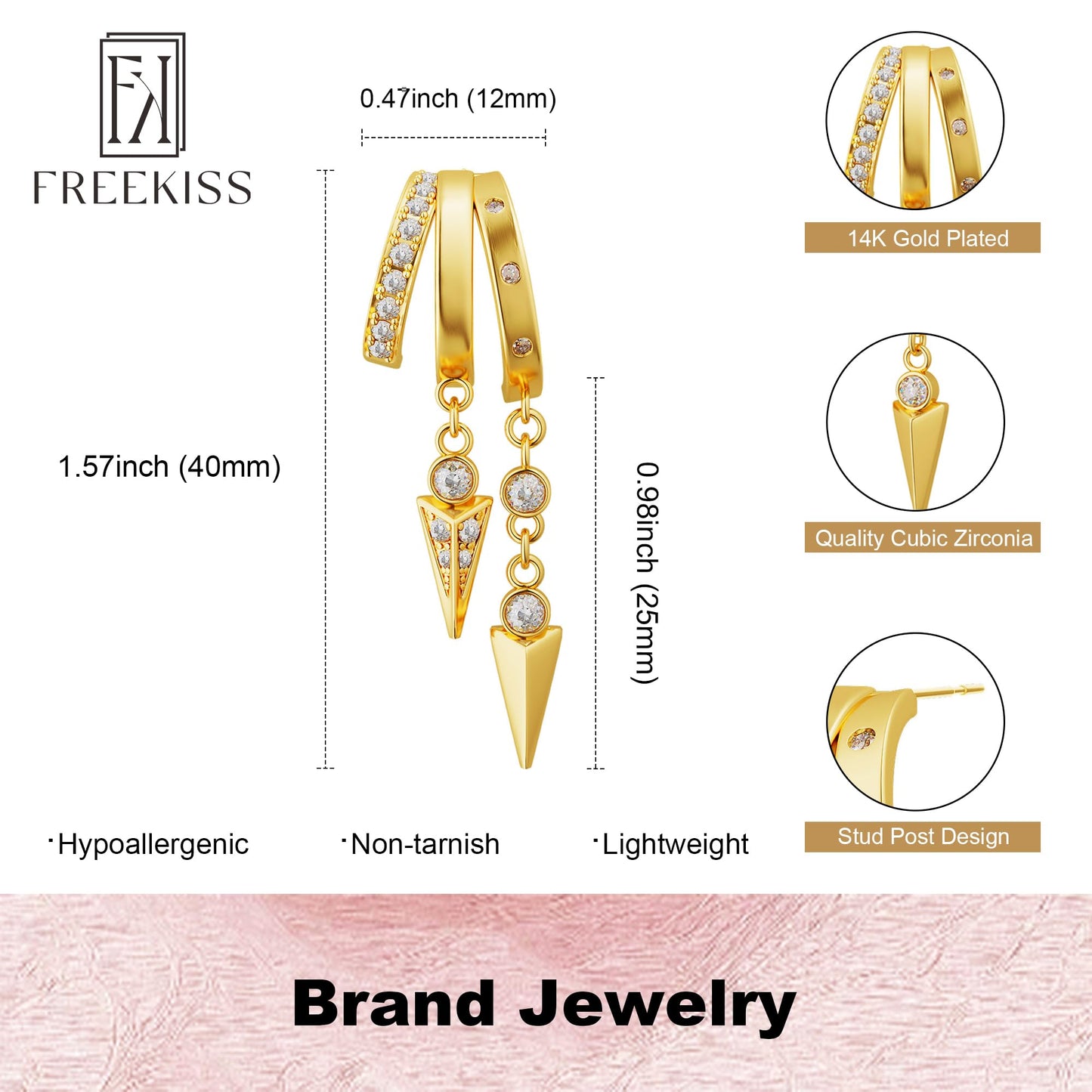 Freekiss Dainty Gold Dangle Huggie Earrings for Women, Simple 3 Hoop Illusion Drop Stud Earring Set with CZ, 14k Gold Plated Minimalist Hypoallergenic Everyday Womens Jewelry