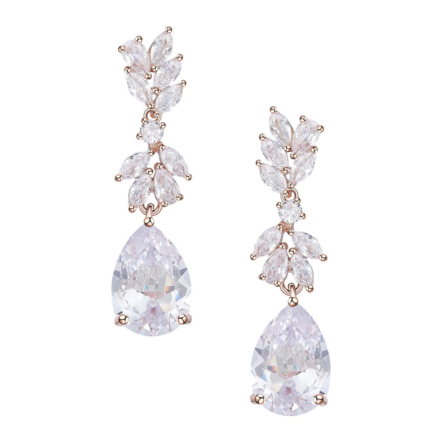 SWEETV Rose Gold Plated Marquise Wedding Earrings for Brides, Bridesmaids, Teardrop Crystal Cubic Zirconia Bridal Drop Earrings for Women Prom
