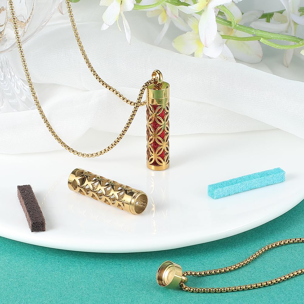 PH PandaHall Essential Oil Diffuser Necklace 2 Styles Golden Aromatherapy Necklaces Column Perfume Bottle Necklace Stainless Steel Locket Pendant with 20pcs Pads for Women Men Birthday Jewelry Gifts