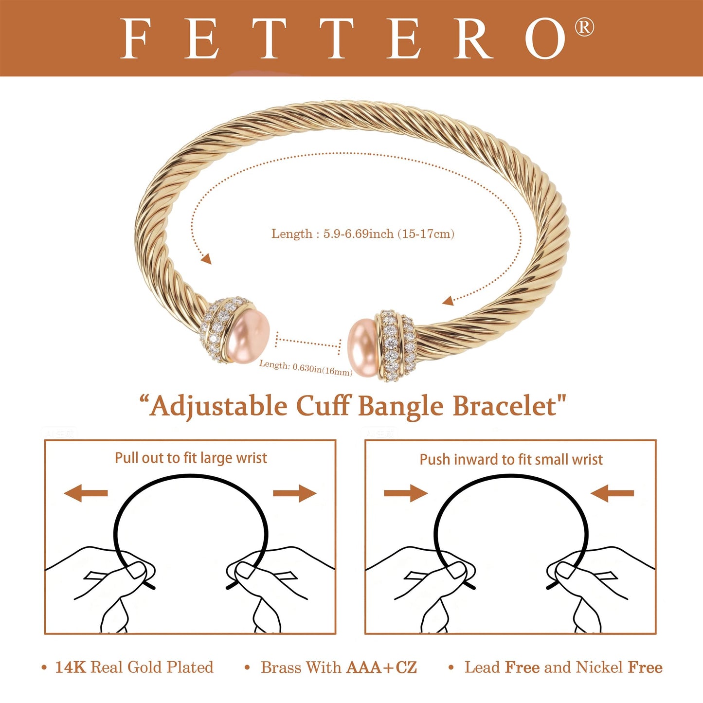 Fettero Gold Cuff Bangle Bracelets for Women - 14K Gold Plated Adjustable Open Cuff Friendship Bracelets Twisted Cable Bangle Bracelet Lightweight Pink Pearl Bracelet for Dainty Jewelry