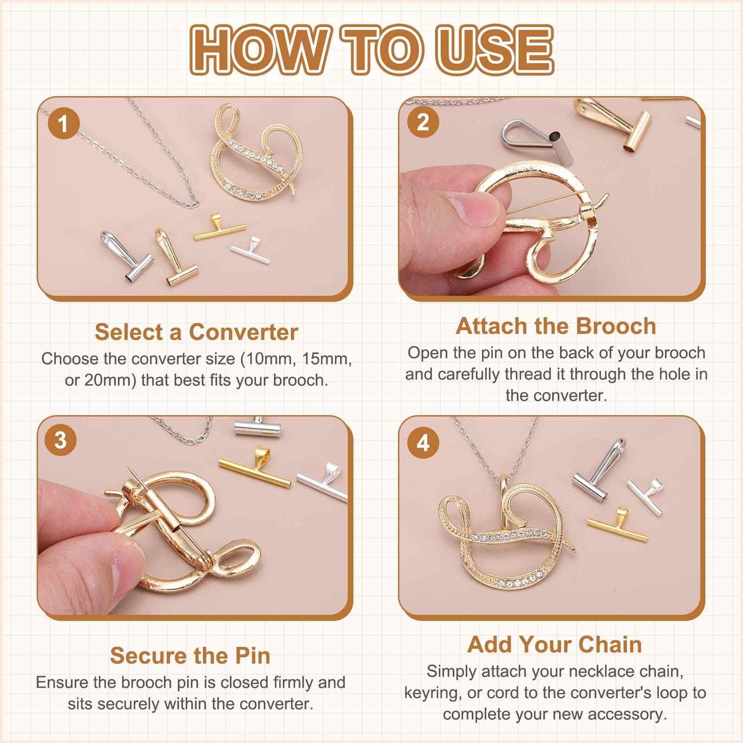 MECCANIXITY 2Pack Sterling Silver Brooch to Pendant Converter, 10mm Pin to Pendant Converters for Jewelry Making DIY Necklace Keychain, Gold