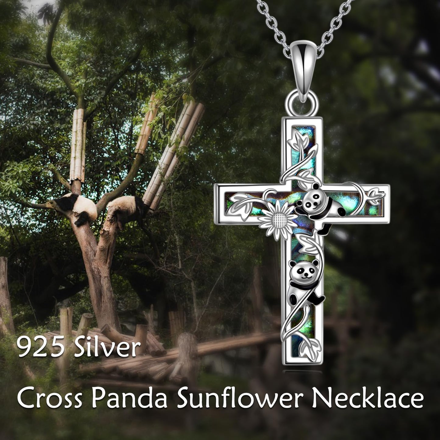 YFN Sunflower Cross Necklace Sterling Silver Panda Cross Pendant Abalone Shell Jewelry Religious Christian Baptism Gifts for Her Women