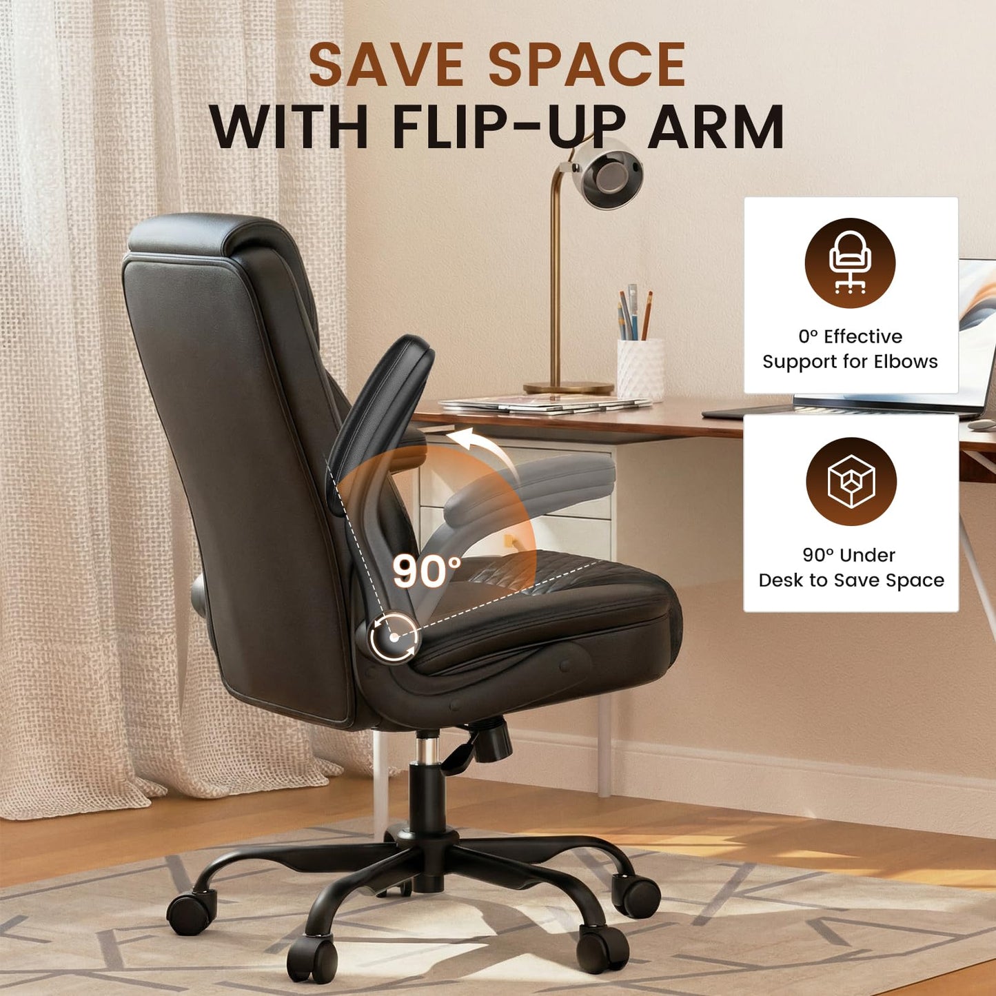 GTPLAYER Leather Office Chair 400lbs, Home Desk Chair with Flip-up Arms and Ergonomic Back - Comfy Heavy Duty Executive Chair for Home Office Gaming, Black