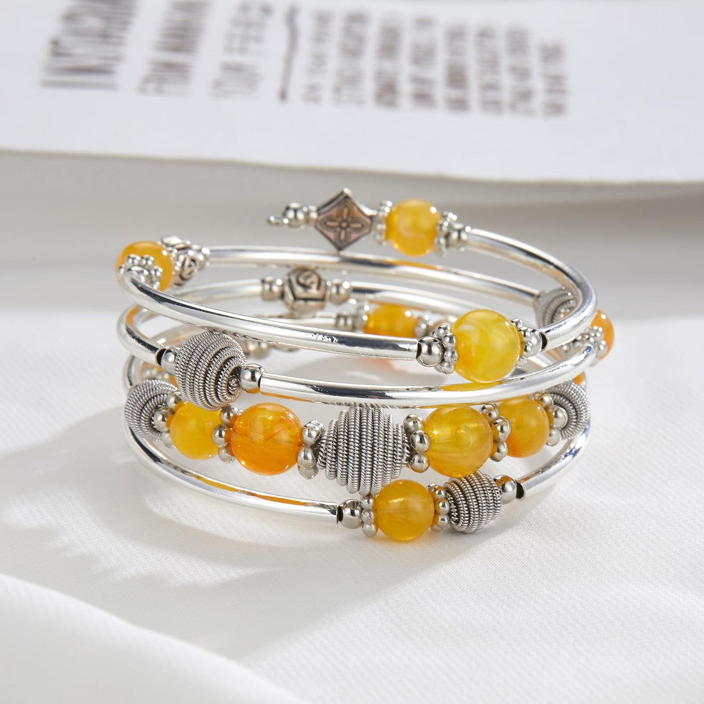 PEARL&CLUB Beaded Chakra Bangle Turquoise Bracelet - Fashion Jewelry Wrap Bracelet with Thick Silver Metal and Mala Beads, Birthday Gifts For Women(Yellow)