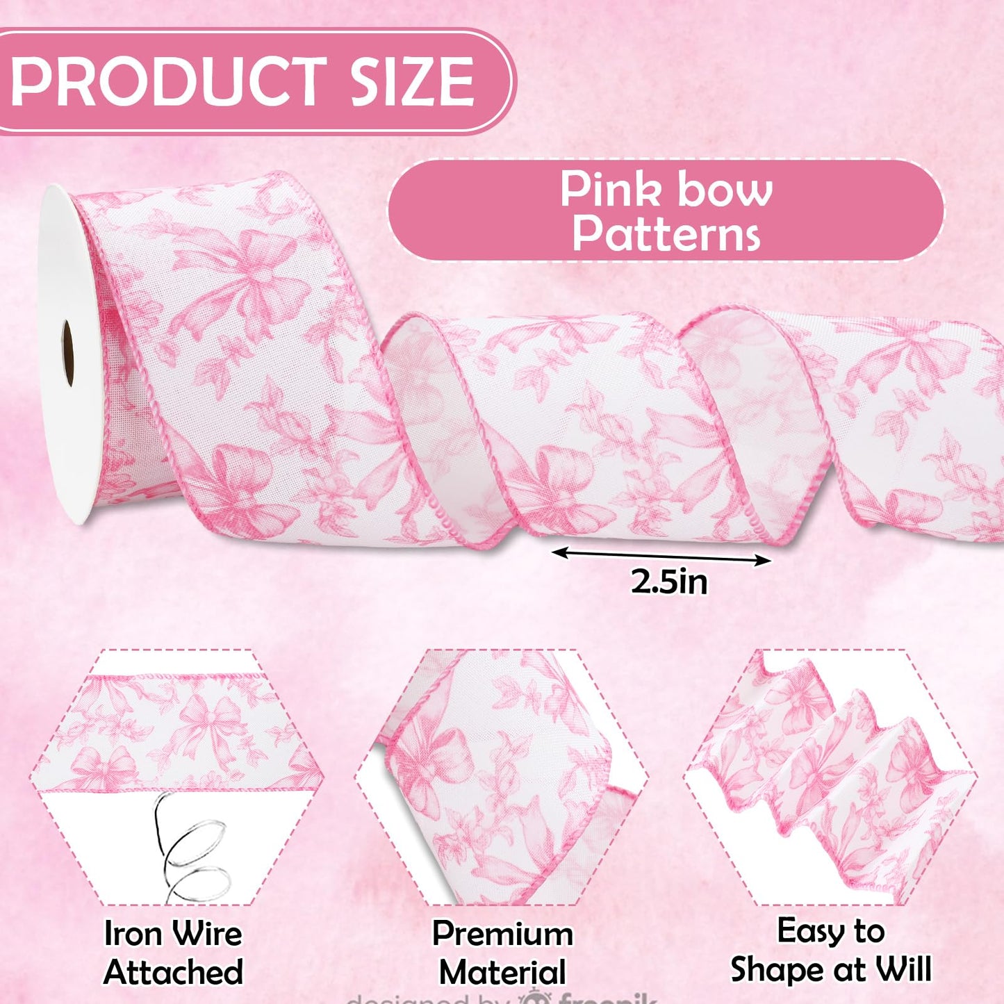 JarThenaAMCS Pink Floral Bow Wired Edge Ribbon Chinoiserie Flower Bowknot Fabric Ribbon for DIY Crafts Wreath Bow Making Supplies, 12 Yard