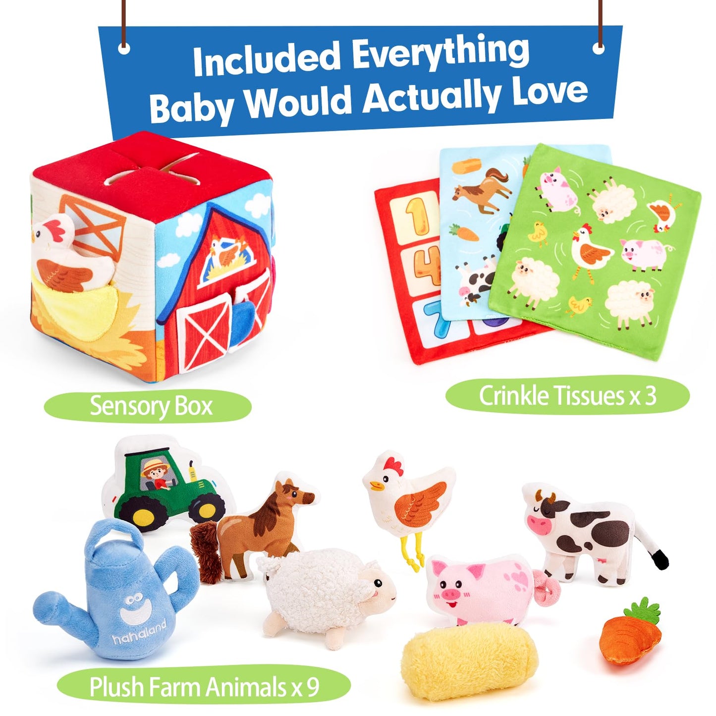 hahaland Baby Toys 6-12 Months - Mystery Soft Box with 12 Sensory Farm Animals Plush, Whats Inside Box with Rattle, Crinkle, Squeaker, Mirror, Montessori Toys for 6 Month Old Easter Basket Stuffers