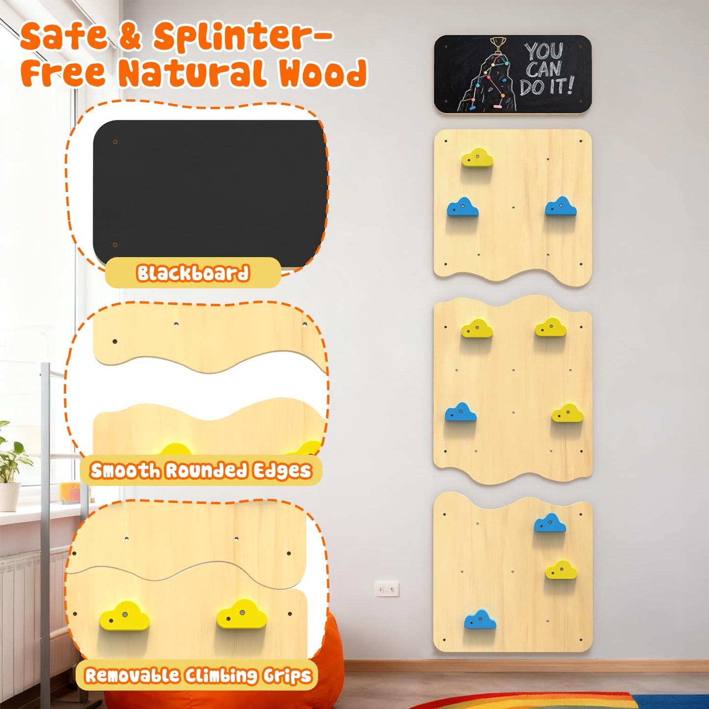DOLEMODUO Wooden Climbing Wall, Kids Indoor Climbing Wall Panels with 12 Rock Holds, Montessori Climbing Toy for Playroom & Home Gym, Aged 3+