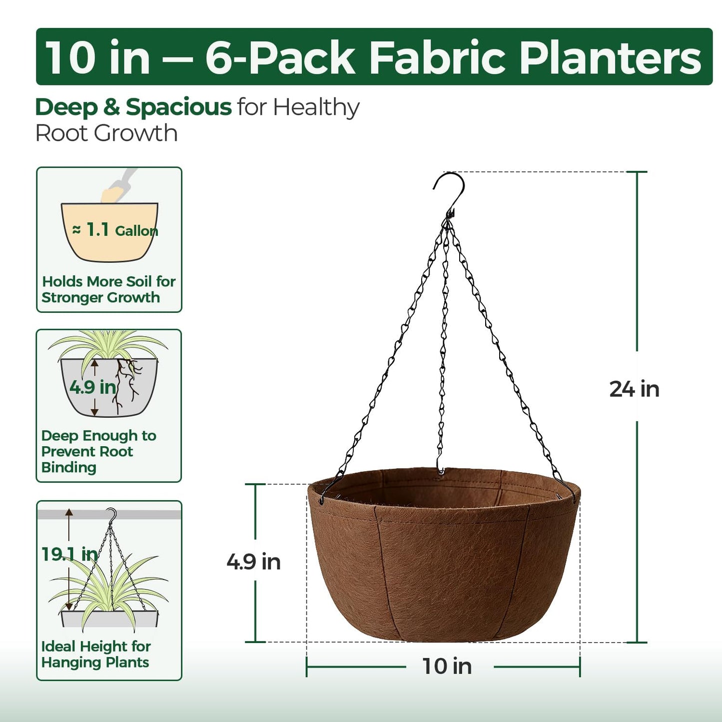 T4U Hanging Planters for Outdoor Plants, 10 Inch 6 Pack Fabric Hanging Baskets with Drainage Tray, Decorative Hanging Pots for Plants Outdoor Patio Porch Garden Use（Brown）