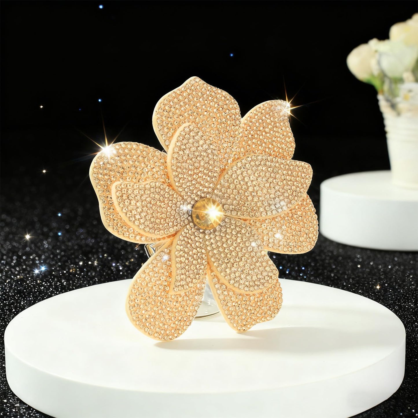 Merdia 3.74 Inches Rhinestone Camellia Flower Brooch Pins & Hair Clips for Women Elegant Created Crystal Lapel Pin Brooches Wedding Party Champagne