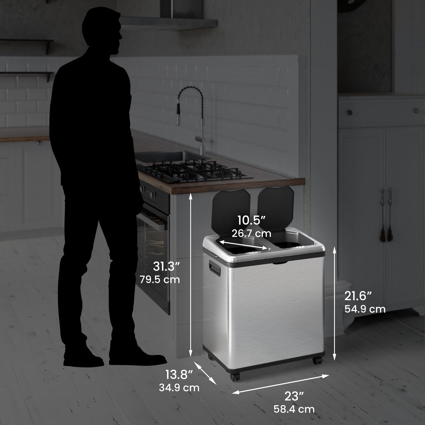 iTouchless 16 Gallon Touchless Sensor Kitchen Trash Can and Recycle Bin with Wheels, 60 Liter Stainless Steel Dual-Compartment (2 x 8 Gallon) Combo Recycling and Garbage Trashcan