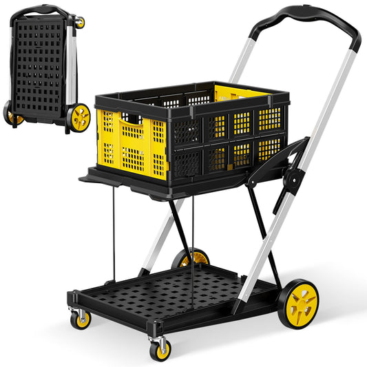 Collapsible Shopping Cart, 8-in-1 200LBS Multi Functional Utility Cart with 1 Storage Crate, Adjustable Handle Grocery Cart on Wheels for Shopping/Warehouse/Office/Supermarket - Yellow