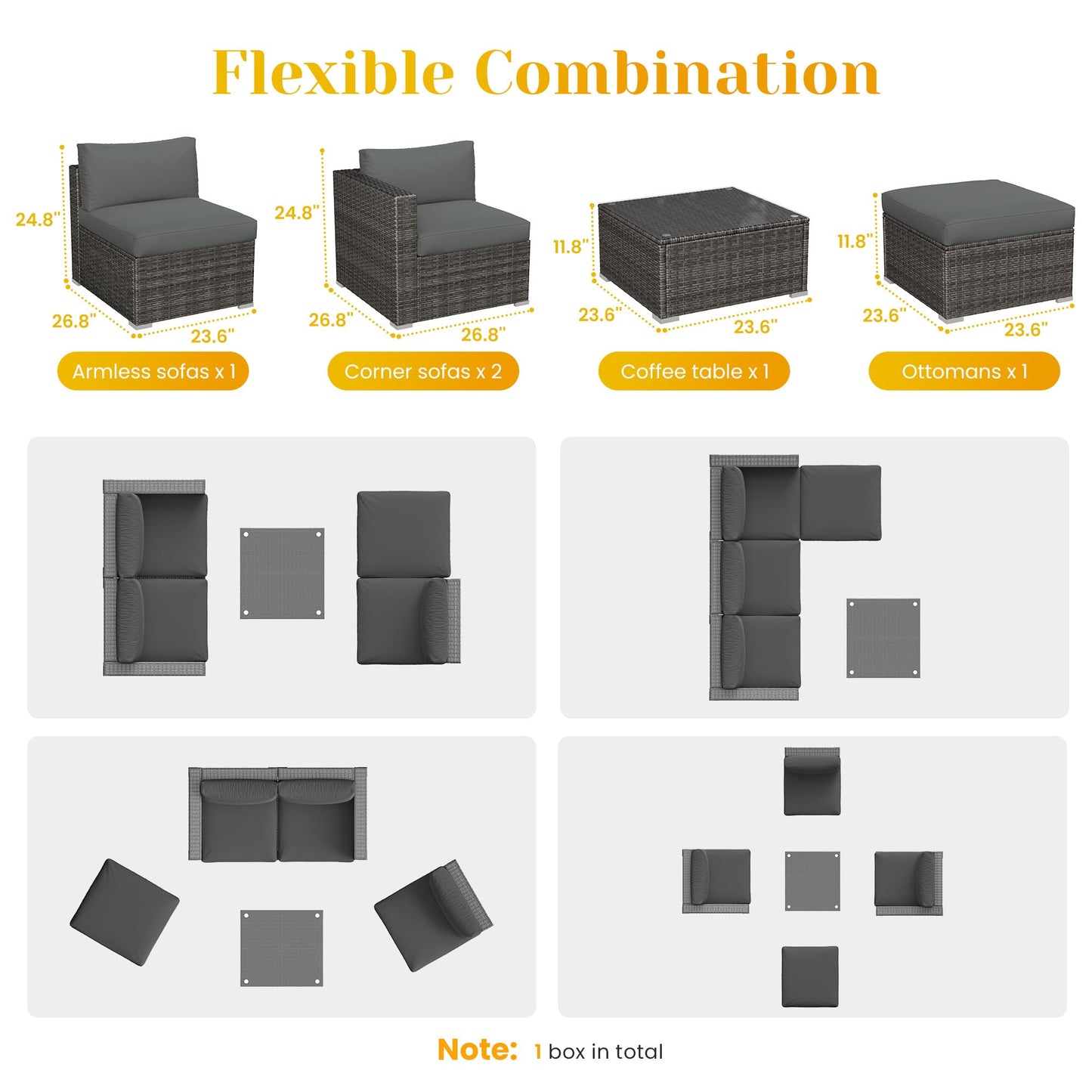 May in Color 5 Piece Outdoor Patio Sectional Furniture Set, Weather Resistant Rattan Outside Couch, Waterproof Conversation Sofa for Balcony, Porch, Backyard, Deck, Garden, Grey