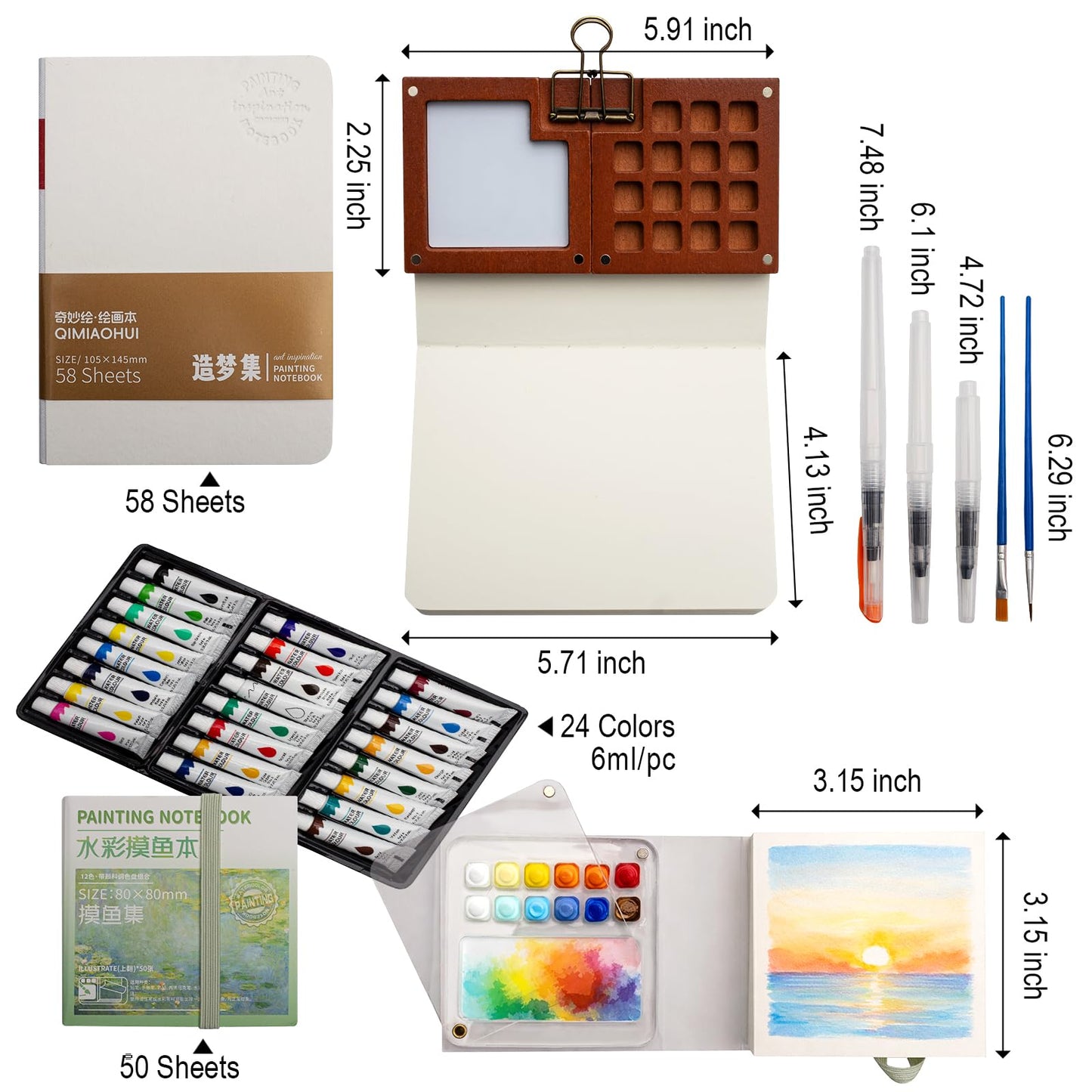 Mini Watercolor Paint Set, Portable Travel Kit with Pocket Painting Palette, 24 Colors, Small Sketchbook, Water Brush Pens & Carrying Case for Art Lovers
