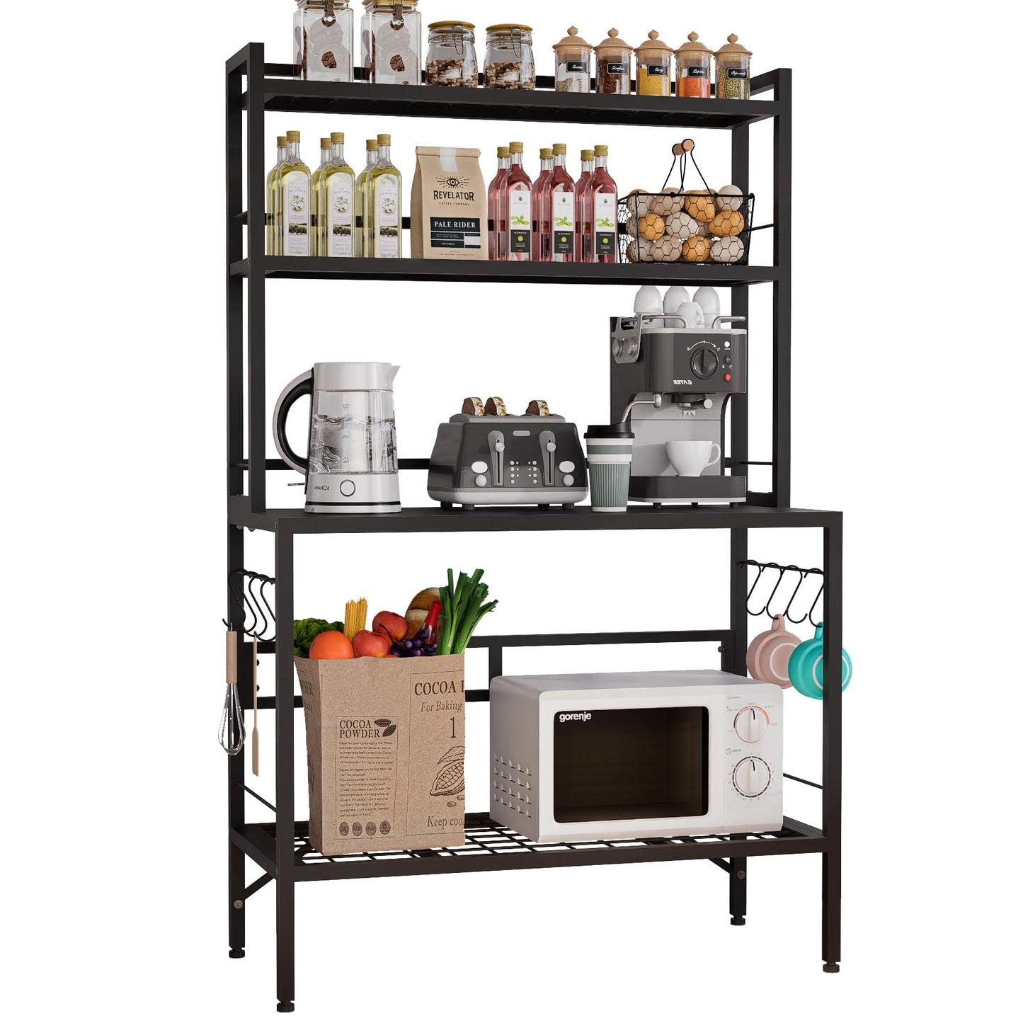 MUVJUG Kitchen Bakers Rack with Open Bottom, 63''H Metal Microwave Stand with 8 Hooks, 4-Tier Heavy Duty Coffee Bar Table with Mesh Shelf, Multi-Purpose Display Rack&Potting Bench Table for Patio