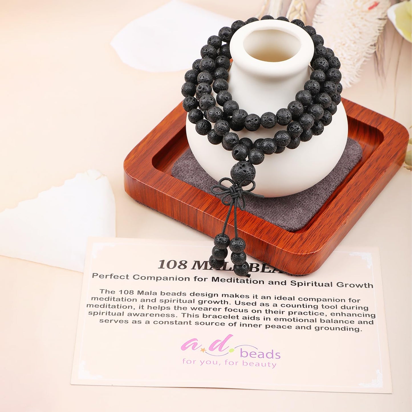 AD Beads 6mm 108 Prayer Mala Black Lava Elastic Bracelet - Warmth Generator - Handmade Yoga Meditation Healing Power Energy Gifts for Unisex Adult.