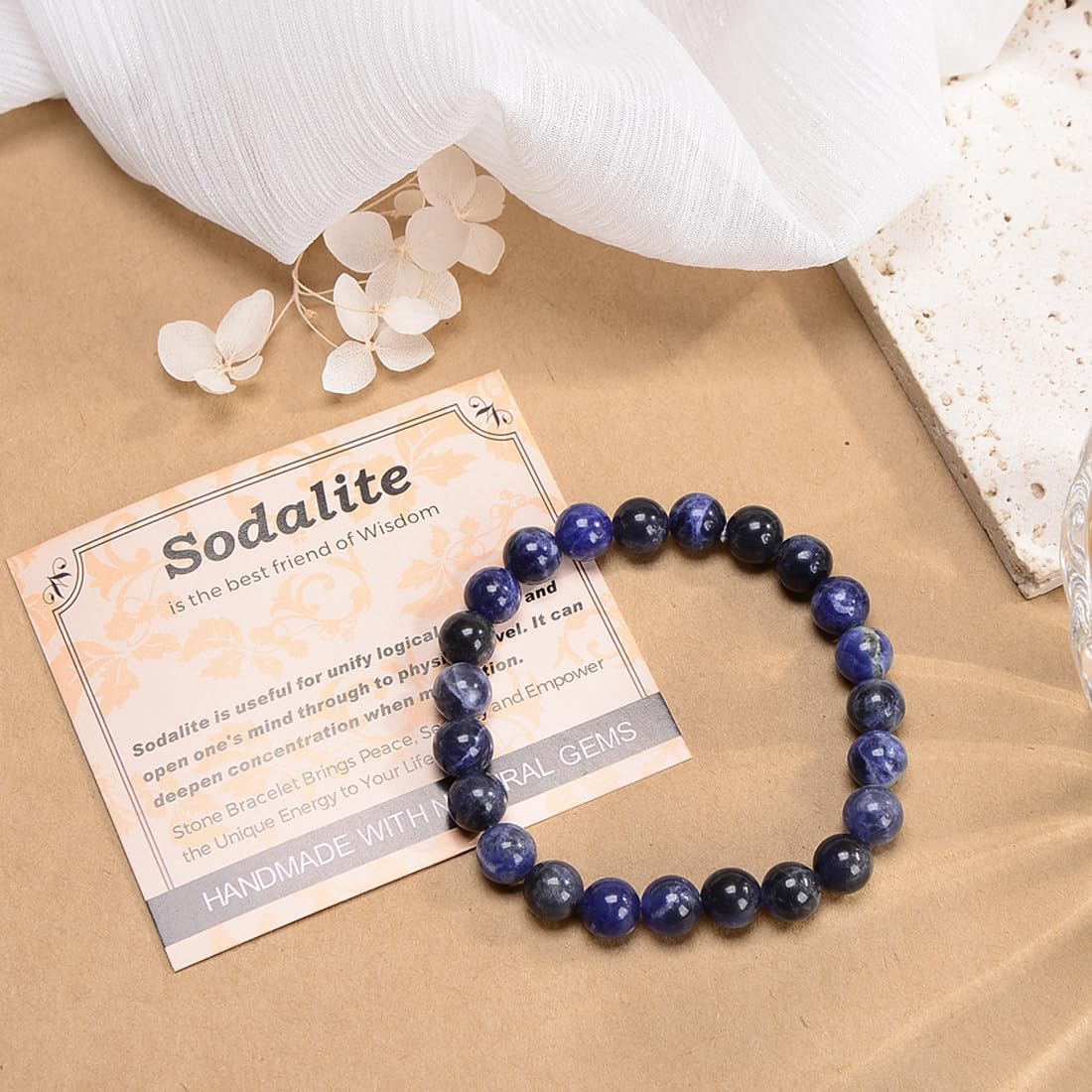 MASSIVE BEADS Blue Sodalite - Stone of Wisdom - Handmade Yoga Stretch Elastic Bracelet Natural Stone Crystal Healing Power Energy Gifts for Unisex Adult 4mm