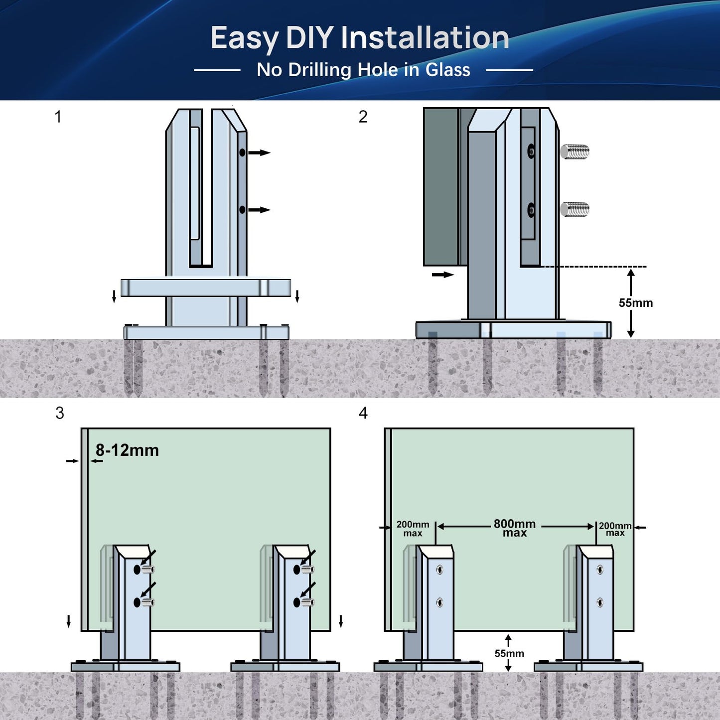 LukLoy 16 Pack NW. 2.1lb T304 Stainless Steel Glass Railing Spigot Heavy-Duty Matte Black Clamp Post Glass Railing System, No-Drill Design for Pool, Deck, Stair, Balustrade, Balcony Black - Level 2