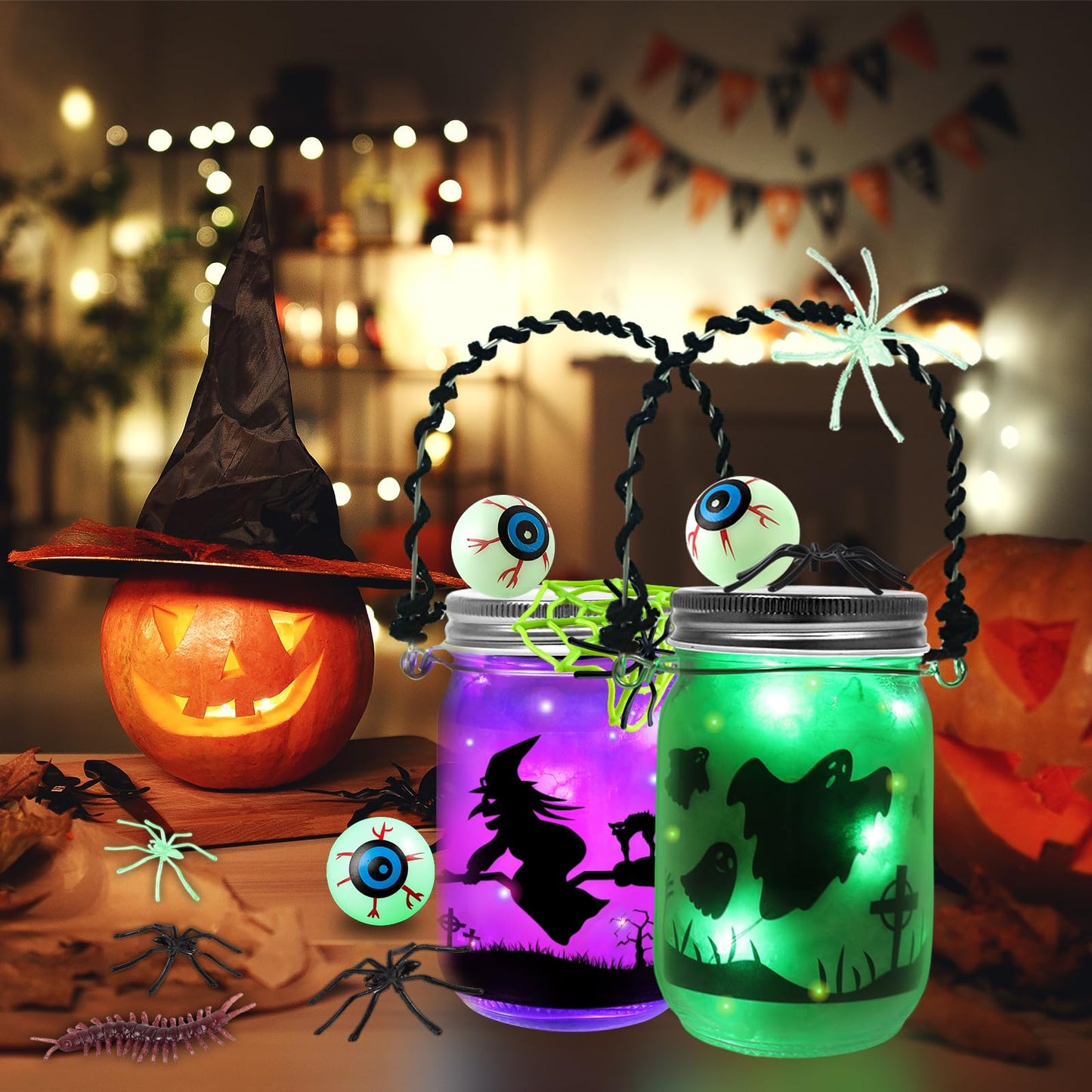 Letapapa Halloween Crafts for Kids, 8 PCS Mason Jar with Accessories for DIY Craft & Art Party Favor Supplies, Halloween Decoration Trick or Treating, Classroom Art Activities