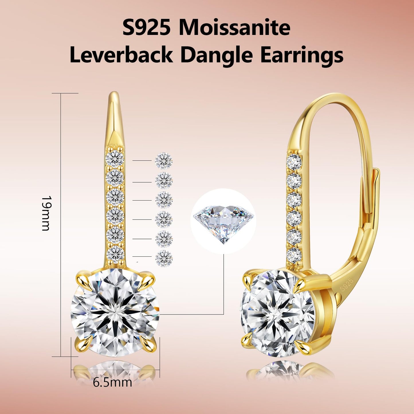 KRKC Moissanite Earrings, 1.0ct-2.0ct D Color Lab Created Diamond Earring, 14k Golden Plated Sterling Silver Dangle Earrings S925 Leverback Drop Earring for Women Hypoallergenic Gifts for Mom Wife