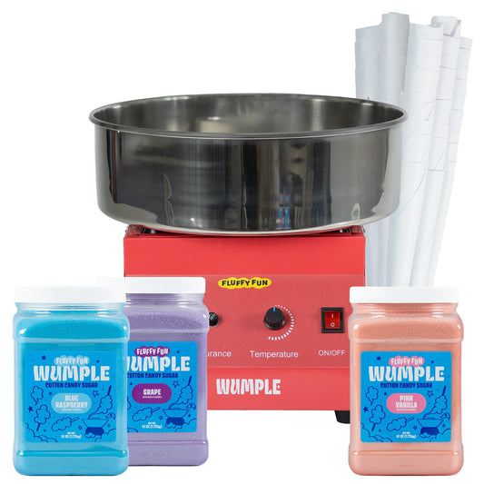 Wumple - Cotton Candy Machine Pro Bundle, Includes 3 Flavored Sugars & 70 Cones, Electric Machine with Large Stainless Steel Bowl for Parties & Business (Red)