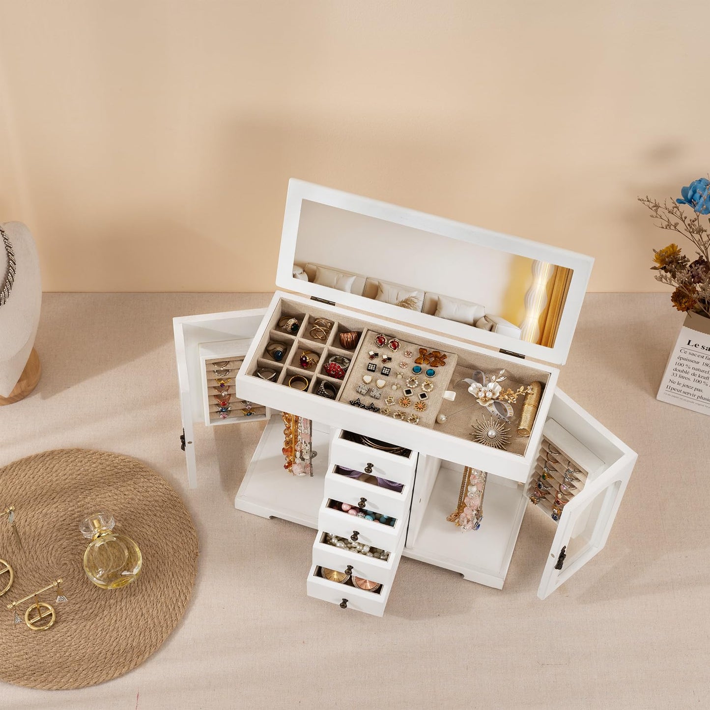 Miratino Jewelry Box for Women Girls, Wooden Jewelry Organizer Box with Mirror, 5 Layer Jewelry Storage Case Display for Necklaces Earrings Rings Bracelets Valentine's Day Gifts