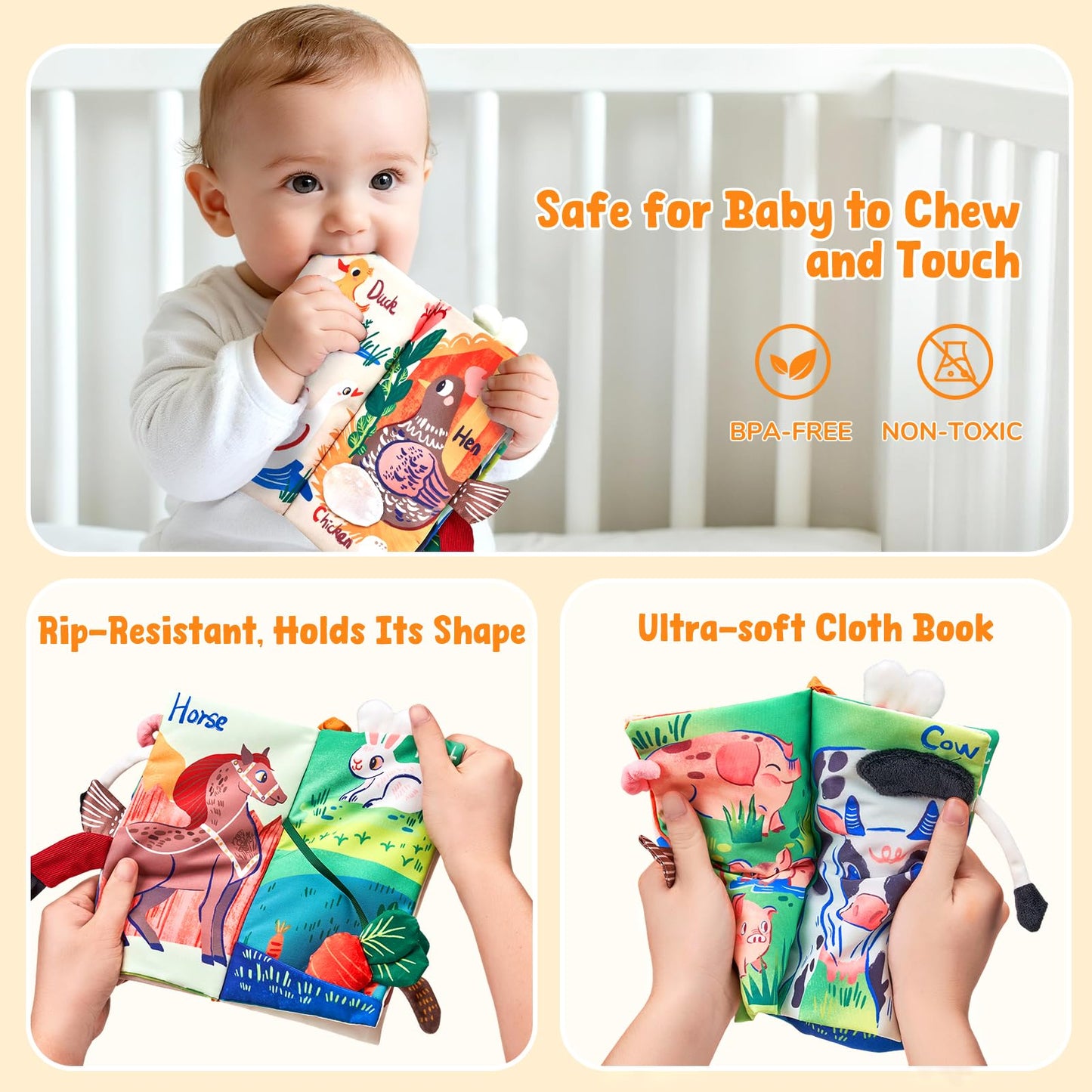 JoyCat Baby Toys 6-12 Months Farm Baby Books Toys 0-6 Months, Touch and Feel Tummy Time Crinkle Cloth Book for Infant 0-3-6-12-18 Months, Travel Toy Baby Shower Newborn Gifts for Boys Girls